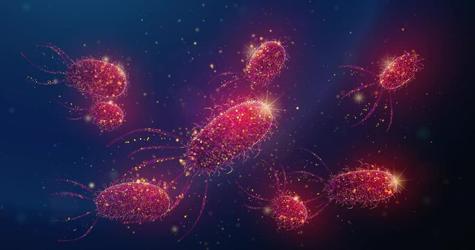 Animated Red Infection Bacteria Cells Microbiome Made of Neon Glowing Particles in center. Rod shaped cells with fagellum microbiology close-up analysis abstract looped animation on blue background