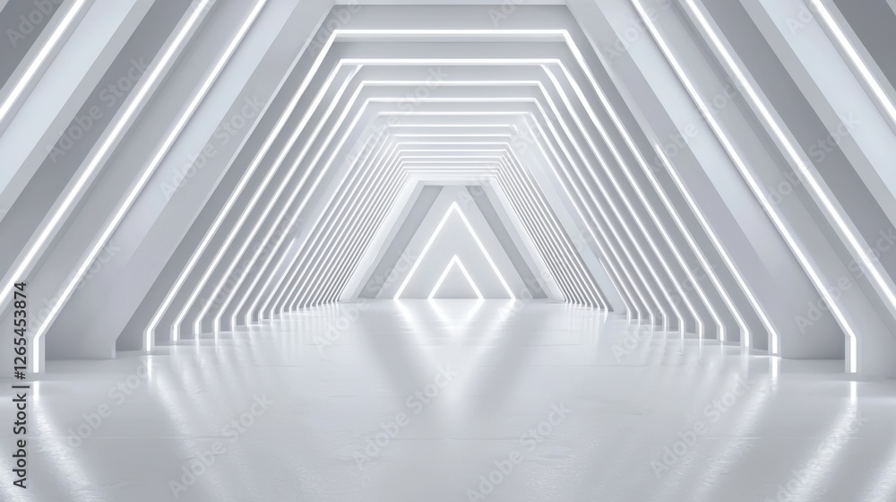 Poster futuristic architectural interior with striking triangular shapes, glowing lines, and sleek surfaces