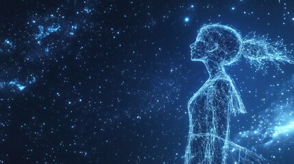 Digital woman gazing at starry night sky