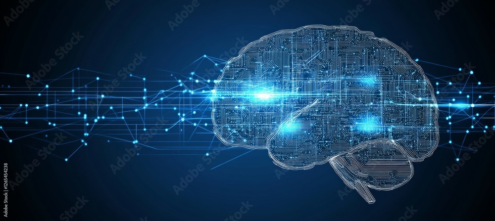 Poster digital brain network artificial intelligence and data flow in blue technology illustration