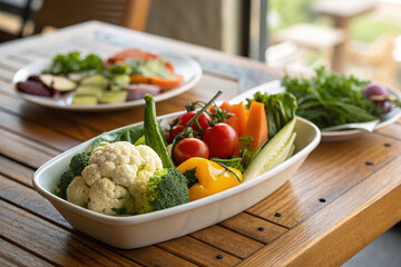 Vibrant Vegetable Platter: A colorful array of fresh vegetables, including cauliflower, broccoli, bell peppers, carrots, and cherry tomatoes.