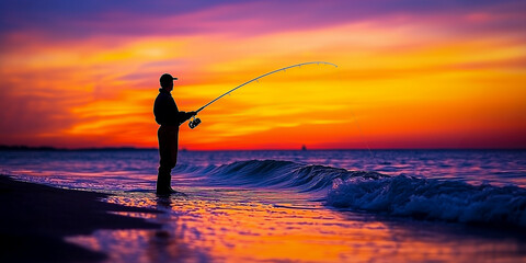 Silhouette of a fisherman fishing on the beach at sunset - angling and surfcasting fishing concept