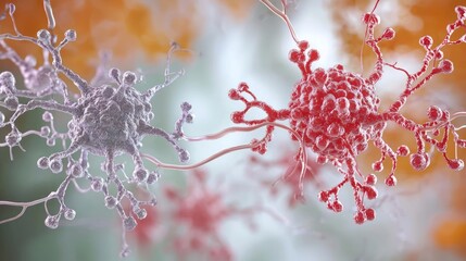 Red And Purple Dendritic Cells Connecting On Orange Background