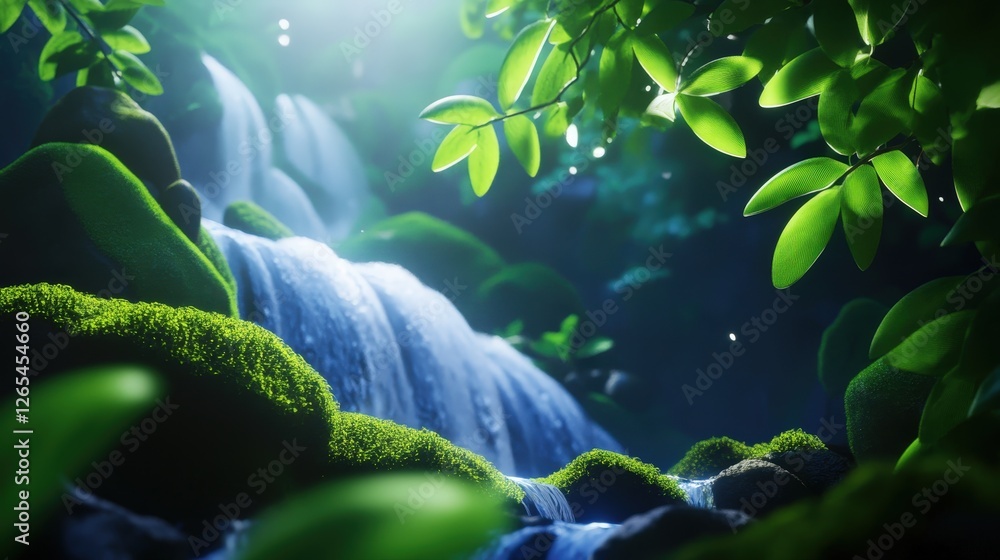 Poster a serene forest scene featuring a cascading waterfall surrounded by lush green foliage, creating a t
