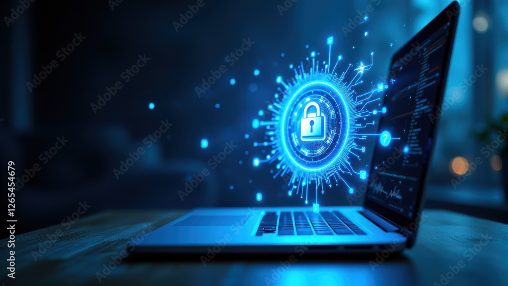 Aufkleber a laptop displaying a visual representation of cyber security with blue light effects emanating from