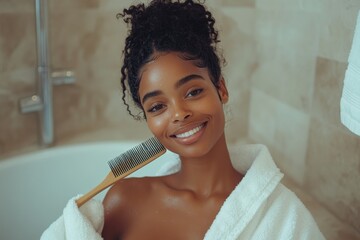 Haircare. African american woman brushing hair with comb, detangling split ends and smiling, sitting on bathtub in white bathrobe. Beauty routine, Generative AI