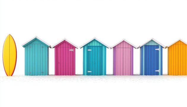 a row of colorful beach huts with surfboards, vibrant summer vacation theme, isolated on white background - Powered by Adobe