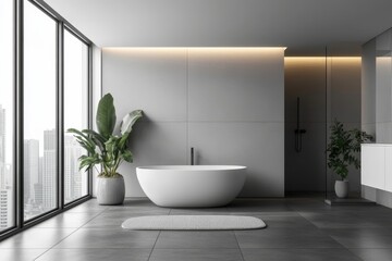 Fototapeta premium White wall-hung bidet and toilet, on gray ceramic tiles in minimalist and modern bathroom interior, Generative AI