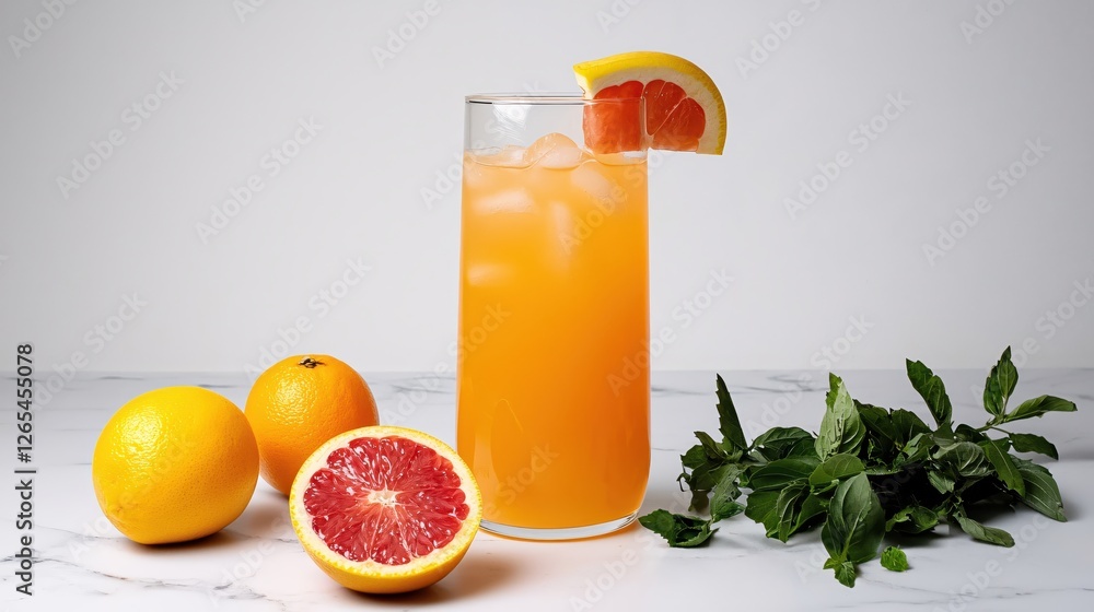 Poster refreshing grapefruit juice with ice cubes and fresh basil on a bright marble surface