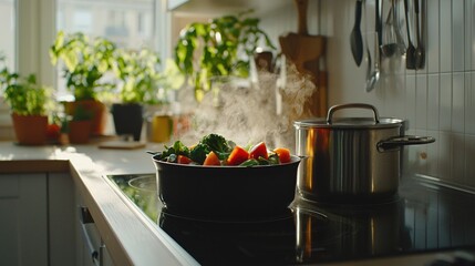 Steaming Vegetables in Pot on Induction Cooktop in Bright Kitchen with Potted Plants