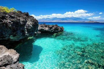 Fototapeta premium a secluded beach cove with dramatic rock formations and crystal-clear water, secret travel gem, isolated on white background