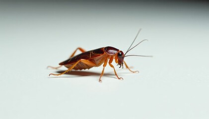 A cockroach crawls slowly across a pristine white surface, cockroach, surface, white