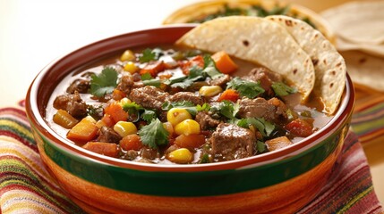 Hearty beef stew with vibrant vegetables and warm tortillas a comforting and flavorful meal