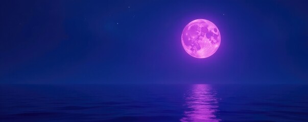 A full purple moon shines brightly in the night sky over a calm and peaceful sea, peaceful, calmness