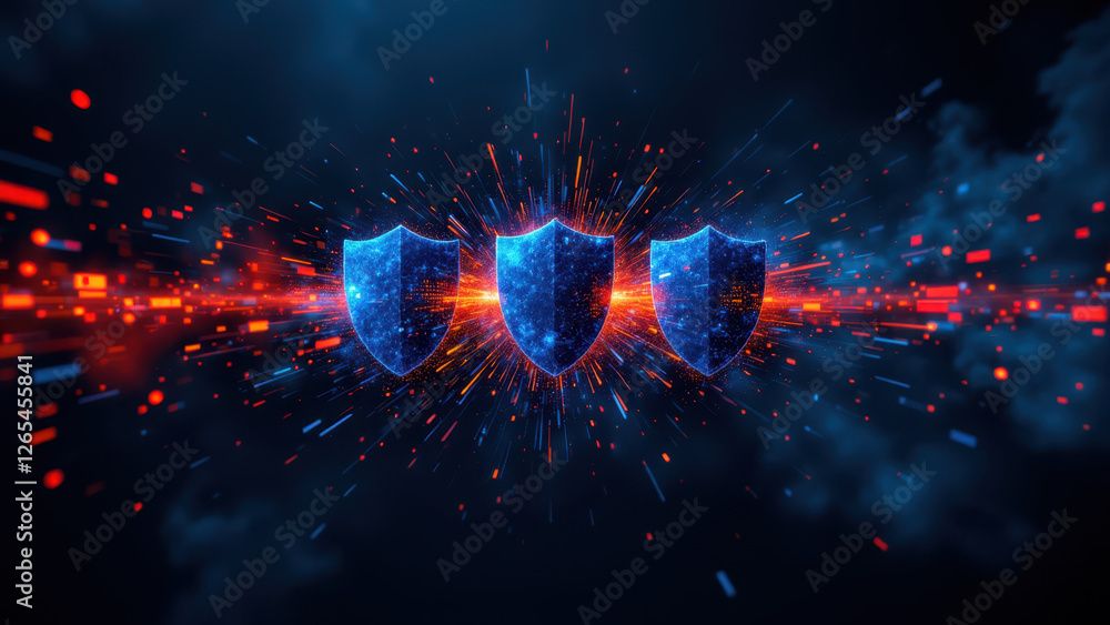 Poster this dynamic image depicts a three-dimensional shield with a cybernetic appearance, set against an e