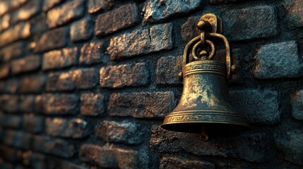 Fototapeta premium Ancient bronze bell, brick wall, sunset, notification