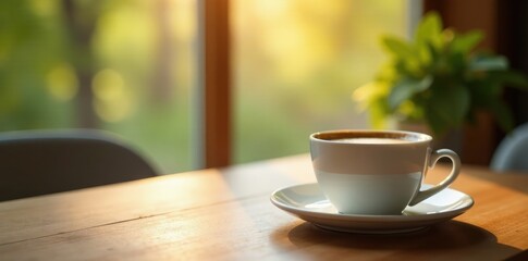 Cozy morning atmosphere with coffee cup on a wooden table, calm, light