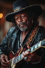 A seasoned blues musician with a weathered face and a soulful gaze strums his guitar. Dressed in black with a wide-brimmed hat, his presence exudes wisdom and deep musical heritage