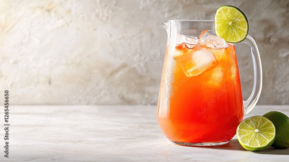 Poster refreshing citrus cooler in glass pitcher with ice cubes and lime slice on bright background
