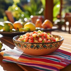 Naklejka premium Refreshing Watermelon Salsa in Decorative Bowl on Wooden Table with Colorful Cloth