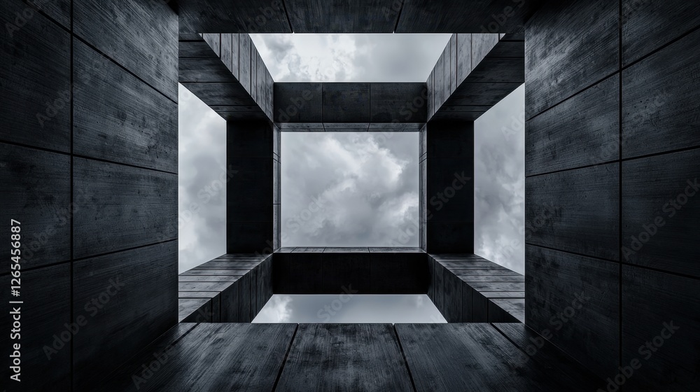 Poster unique architectural view from below showcasing a geometric structure with dramatic clouds and moody