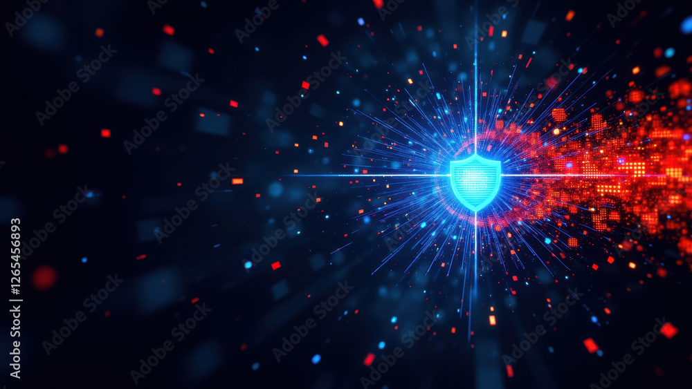 Poster stylized illustration depicting a digital cybernetic explosion with elements of internet security.