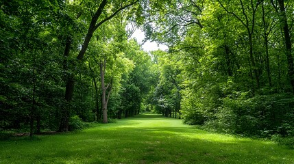 Fototapeta premium Sunlit Path Through Lush Green Forest