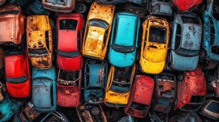 Aerial junkyard crushed colorful cars