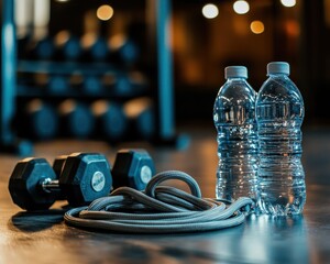 Weight management for teenagers concepts. Fitness equipment including dumbbells, water bottles, and a jump rope on a gym floor.