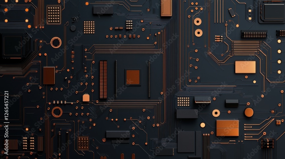 Poster abstract technology background with dark circuit board and glowing copper components, showcasing mod