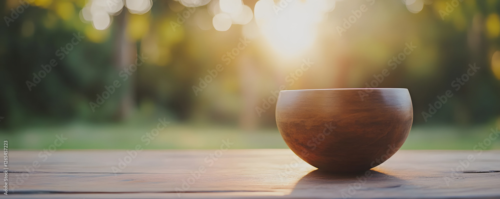Poster wooden bowl on a table in nature. the image emphasizes tranquility and connection with nature with w