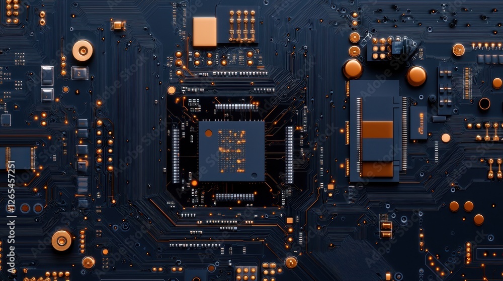 Poster abstract close-up of a modern electronic circuit board with intricate patterns and glowing orange co