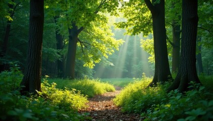 Naklejka premium Quiet forest glade with subtle gradations of greens and browns, browns, peaceful, quiet