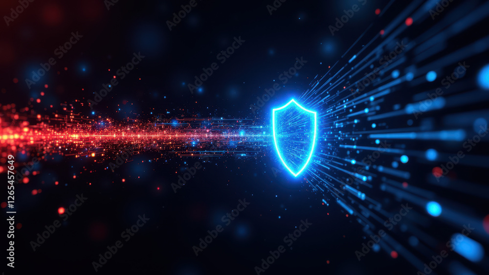 Poster cybersecurity protection with a glowing shield in front of a digital matrix background.