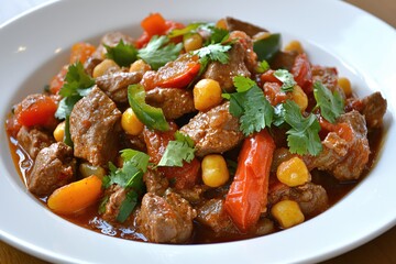 Fototapeta premium Delicious Beef Stew with Vegetables and Chickpeas Garnished with Fresh Cilantro Leaves