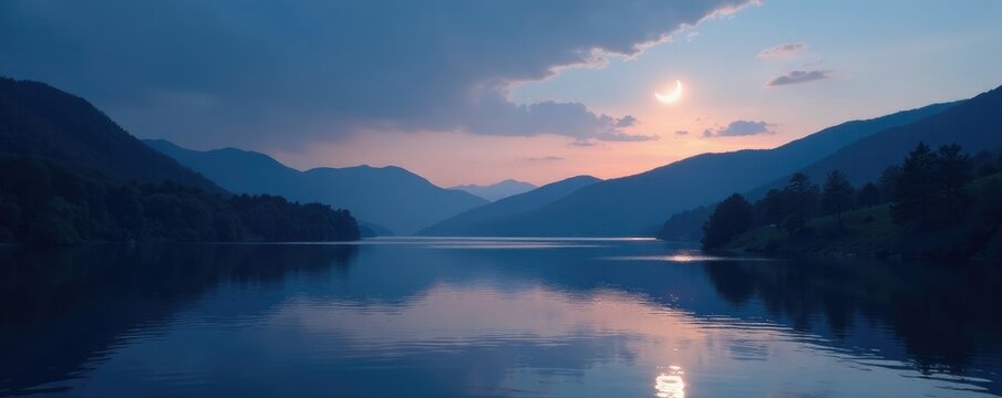 Silvery crescent moon casts gentle glow on hills around Yesa lake at dusk, lake, trees, sun