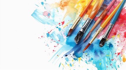 Fototapeta premium Vibrant Watercolor Paint Splashes with Colorful Artist Paintbrushes