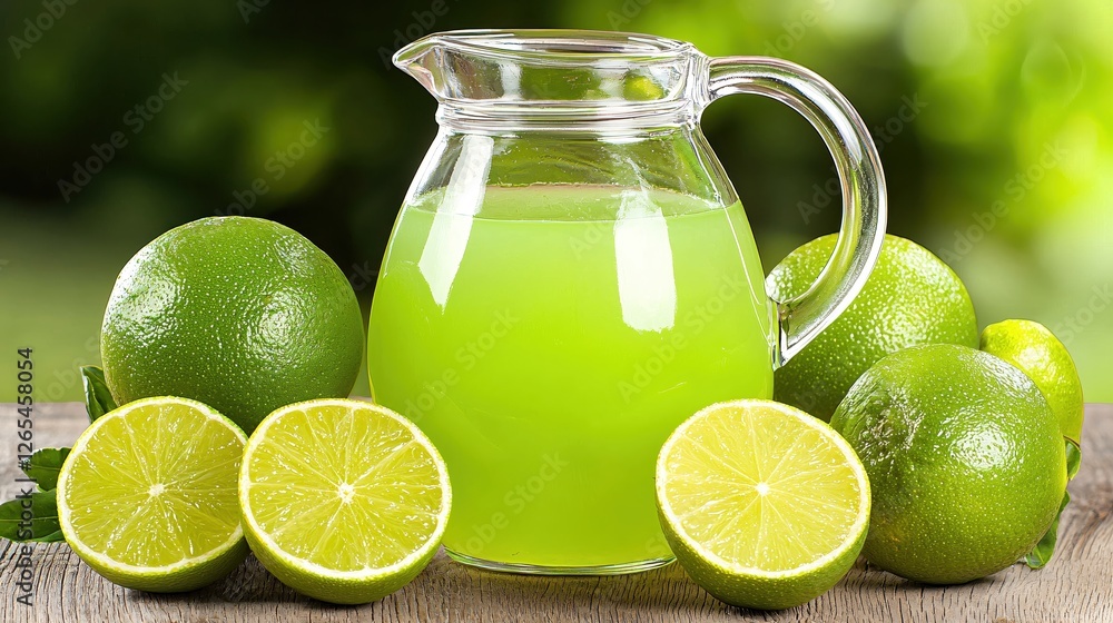 Poster refreshing lime juice in glass pitcher with whole and halved limes on rustic wooden table