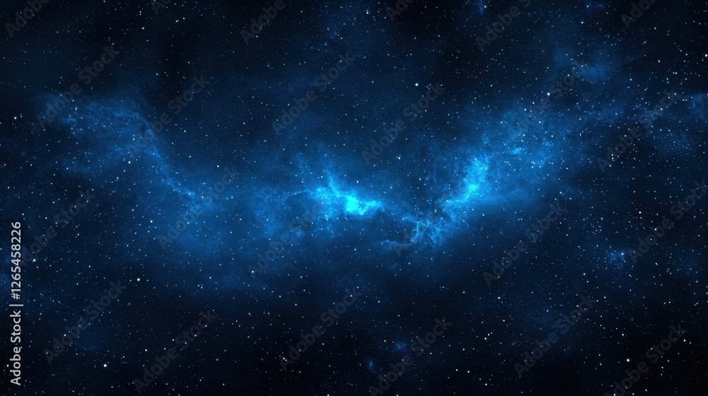 Poster ethereal cosmic scene with brilliant blue nebula and twinkling stars in deep dark space creating a m