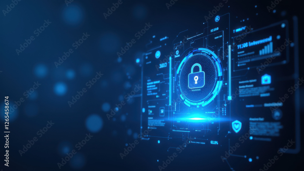 Poster a dynamic cybersecurity concept with digital elements and a lock symbol, representing protection aga