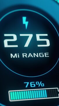 Electric or hybrid car dashboard display, futuristic hud, charging battery, close up (3d render) vertical video