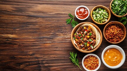 Delicious taco preparation with fresh ingredients on rustic wooden table top view style