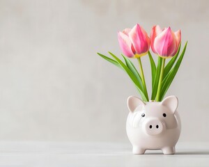 A piggy bank designed as a blooming tulip, representing wealth growth in spring
