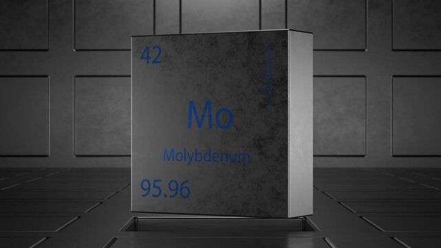 Rotating metal cube showing chemical element molybdenum. Design of chemical element molybdenum showing element name, atomic weight and number. Molybdenum in the periodic table. Rare earth metal.