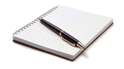 A clean white notebook with a pen lying on top of it, on a white background.
