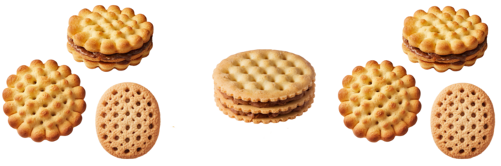 Golden-Yellow Cracker, Brown-Filled Biscuit, and Beige Cookie with Holes Isolated on Transparent Background PNG