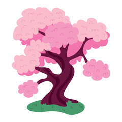 Sakura tree with flowers. Japanese cherry blossom. Hanami holiday. Spring botanical pink trees.