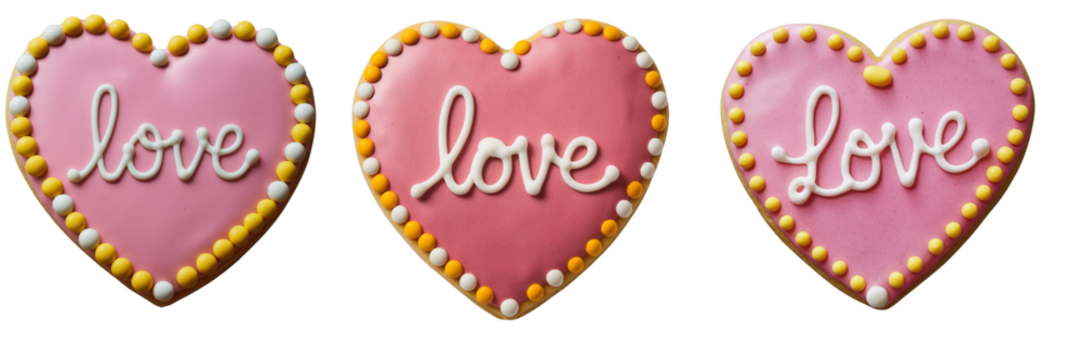  Heart-Shaped Cookie or Cake with Pink Icing and 'Love' in Cursive Isolated on Transparent Background PNG