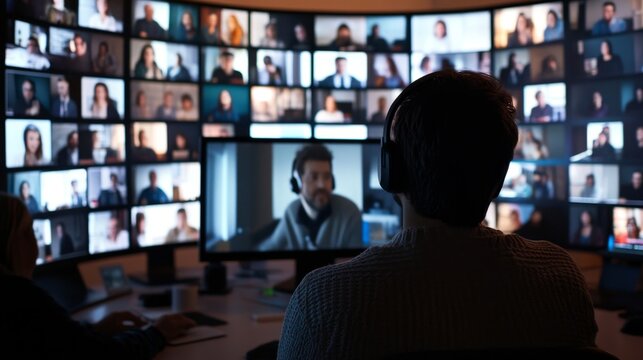 diverse group of professionals in a virtual video call, multiple screens showing remote workers