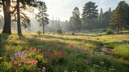 Sunlit forest clearing with wildflowers, wildflowers, sunlit clearing, woodland ecosystem, botanical garden, forest landscape